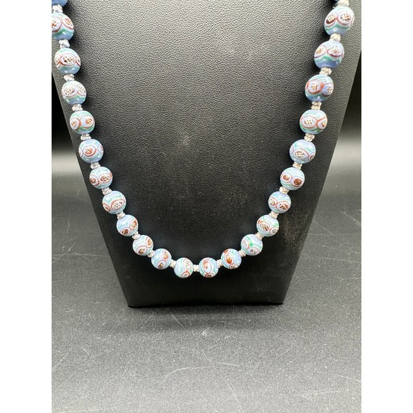 Vintage Hand Painted Porcelain Bead Necklace Blue Round Beads with Gold Clasp - Picture 3 of 8